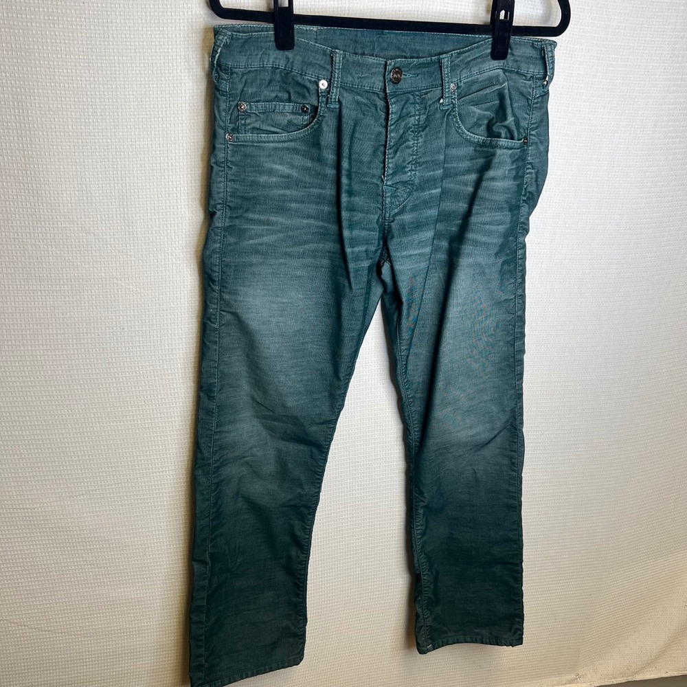 True Religion Mens Teal Green Corduroy Straight Leg Button Fly Pants Size 31